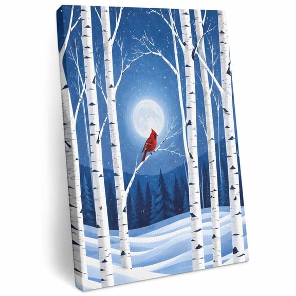 Winter Cardinal Bird Canvas Wall Art for Living Room, Rustic Moon Birch Forest Snowy Mountains Poster Print Painting for Bedroom Office Home Decoration Wall Pictures Prepare To Hang 16"x24"
