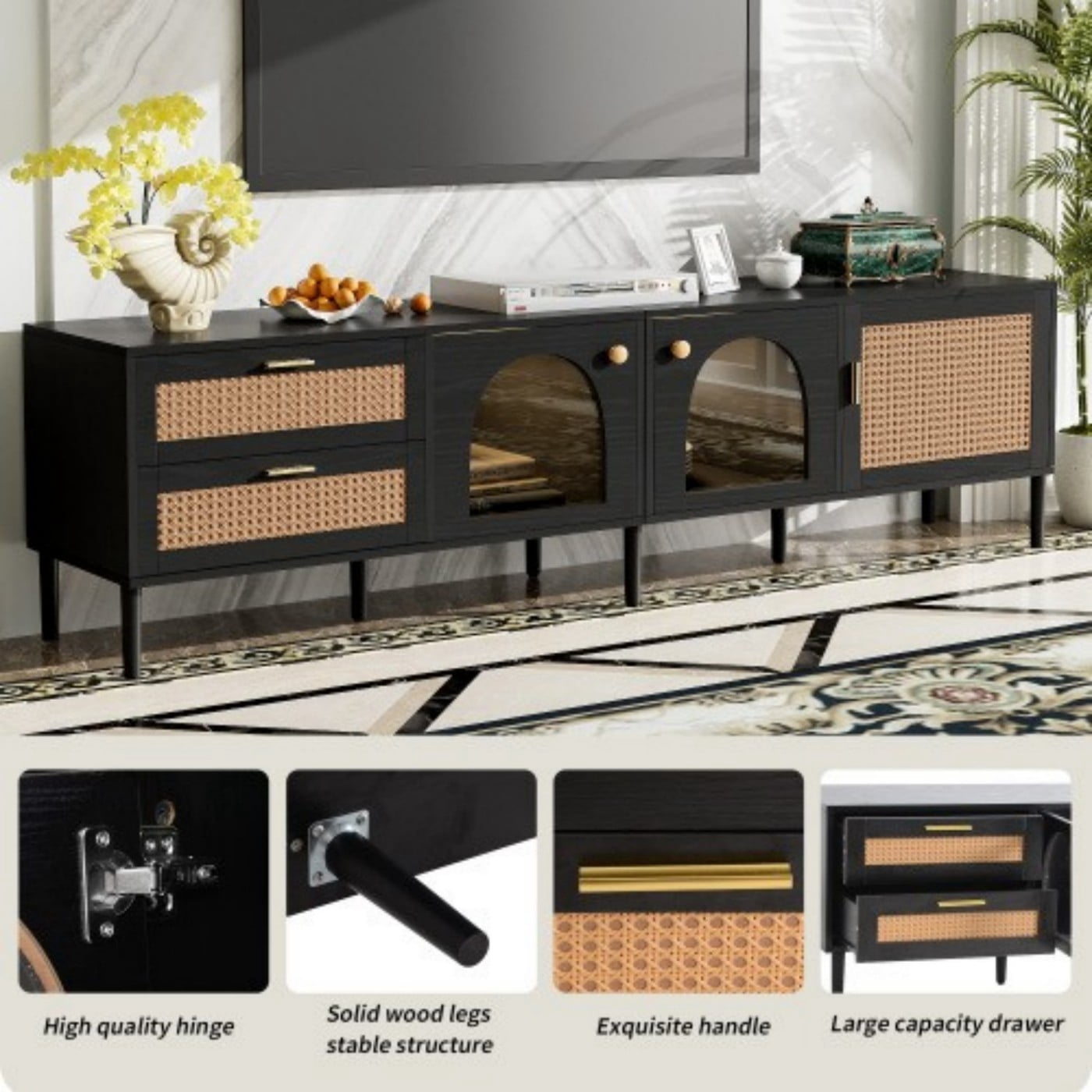Rattan TV Stand for 80" TV, LED Entertainment Center with 3 Cabinets 2 Drawers, Modern Media Console with Cable Management, Black