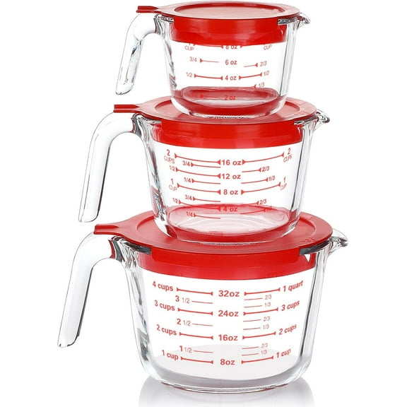 6 Pcs Glass Measuring Cups with Lids Set, 1-Cup, 2-Cup, 4-Cup Measuring Jugs with Handle, Nesting Liquid Measuring Cups for Kitchen