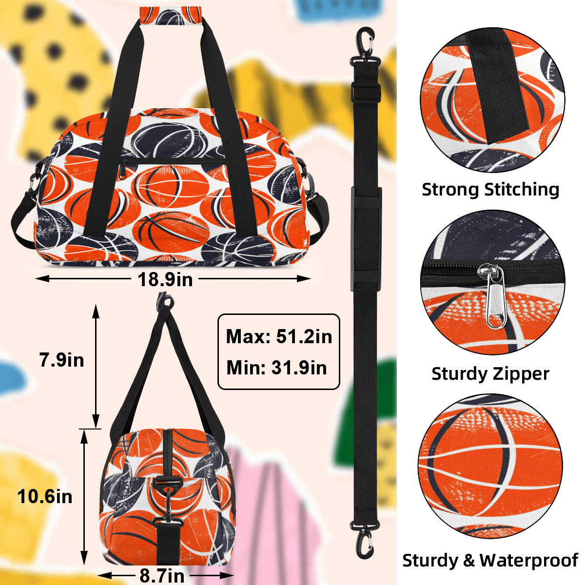 Herdesigns Basketball Duffle Bag for Women & Men, Sports Gym Bag Dance Bag Overnight Bag Carry On Weekender Travel Bag