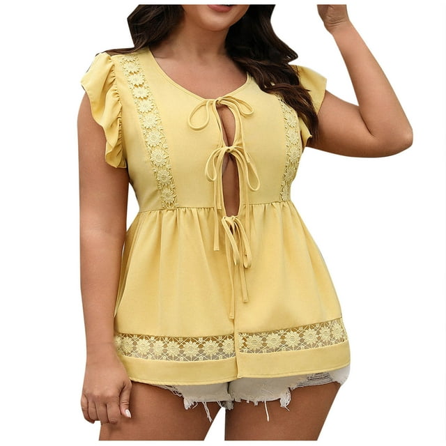 Camisas de Manga Corta para las Mujeres Color Sólido Hueco Empalme Cuello Redondo Blusas, Moda Casual Top de Verano