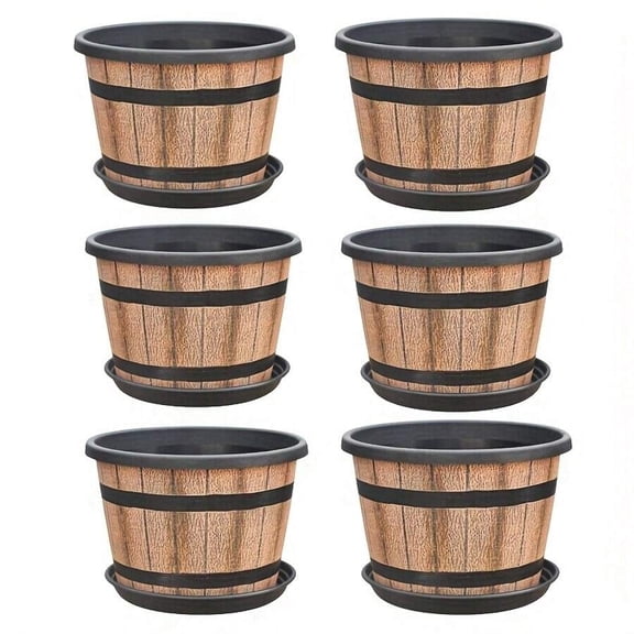 6pcs Set Of Flower Pots,Plastic Decorative Flower Pots Designed To Imitate Wine Barrels, Suitable For Indoor And Outdoor Garden Home Plants Brown