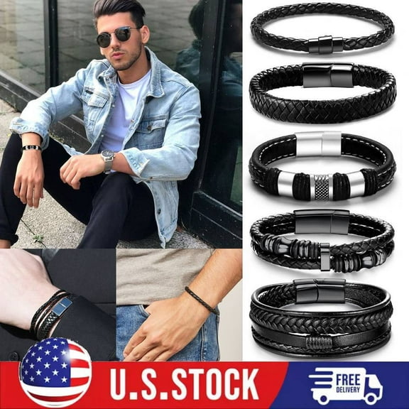 5pcs Black Leather Bracelets for Men Women Braided Cuff Bracelets Durable Gifts