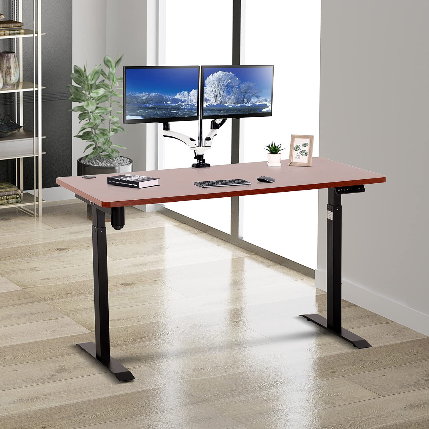 UNICOO® Height Adjustable Electric Standing Desk, 55 x 27.6 Inches Stand up Table, Sit Stand Home Office Desk with One Piece Tabletop (NTESMF01-B + 55 in Walnut TOP)