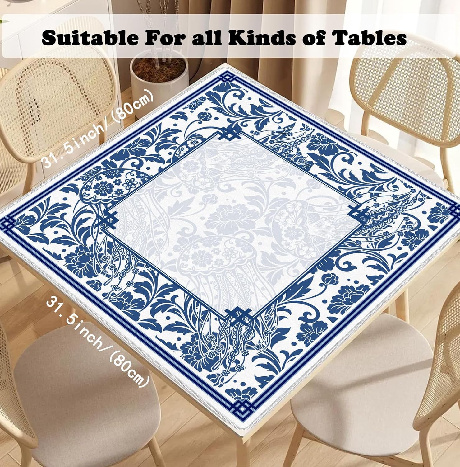 Blue Chinoiserie Mahjong Mat 31.5" x 31.5", Vintage Blue Floral Non-Slip Noise Reduction Mahjong Table Cover Accessories and Supplies for Dominoes Poker Card Board and Tile Games Gifts