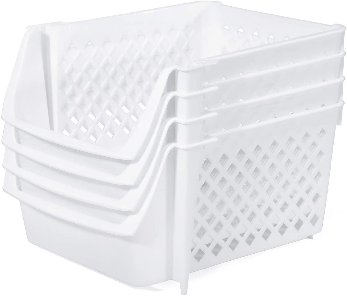 HOUSE DAY 4 Pack Plastic Storage Bins, Storage Basket, Versatile Open Plastic Bin Container, White