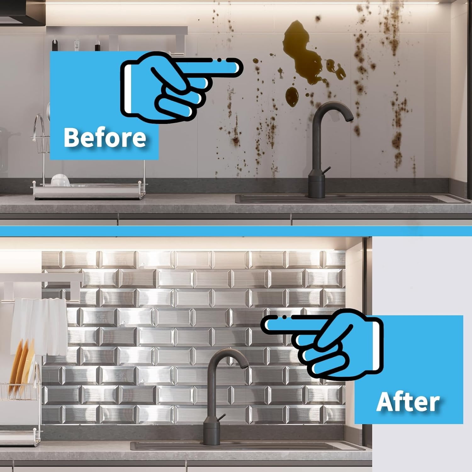 100 Pcs Peel and Stick Backsplash Tiles, 3D Textured Metal Stick On Subway Wall Tiles for Kitchen Back Splashes, Bathroom, Laundry Room, 3 x 6 Inch, Stainless