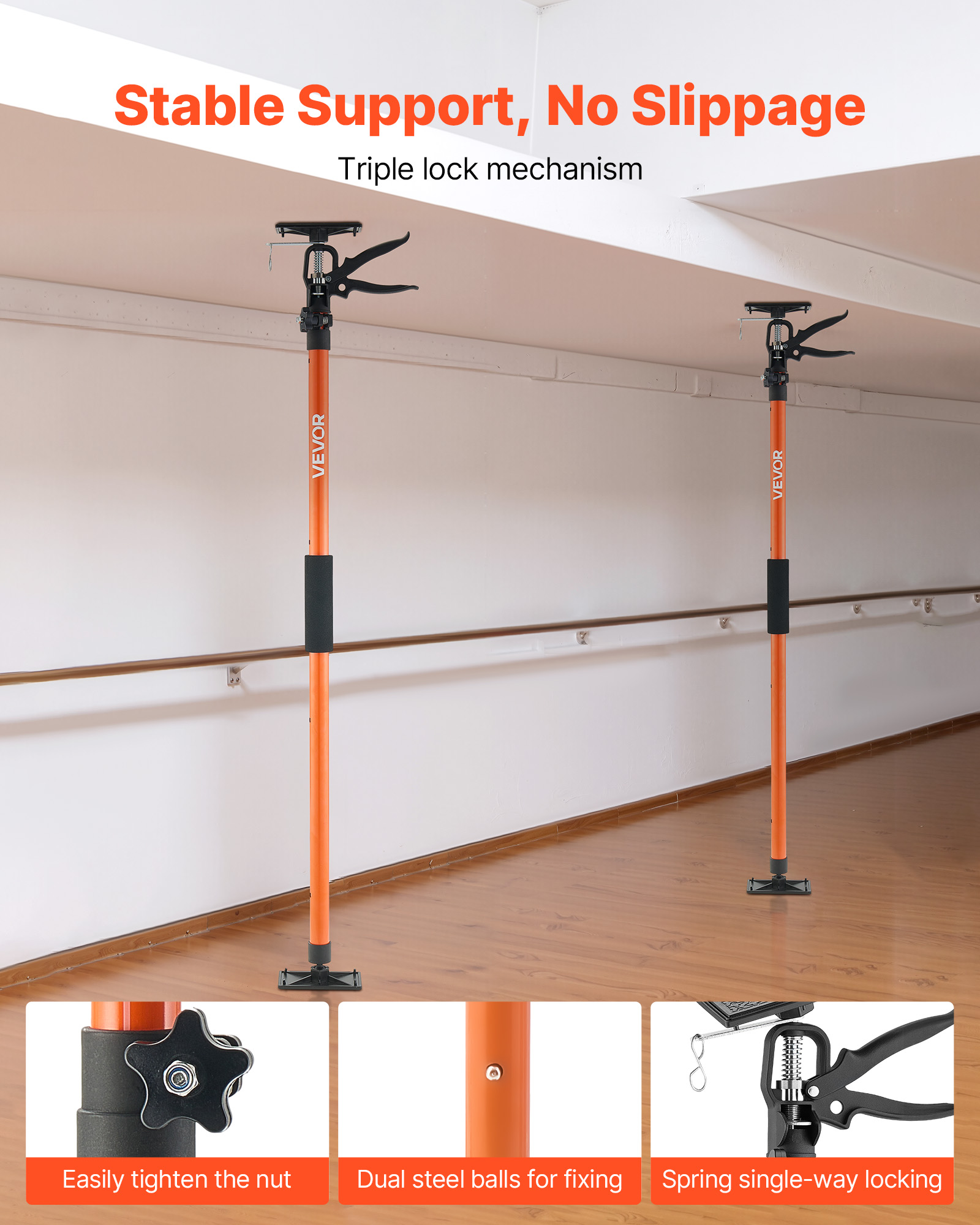 VEVOR Cabinet Jack Support Pole, 2-Pack, 45.7-114.2 Inch Steel Telescopic Quick Support Rod, Adjustable 3rd Hand System up to 154 lbs Capacity for Installing Cabinets, Lifting Drywall, Cargo Bars