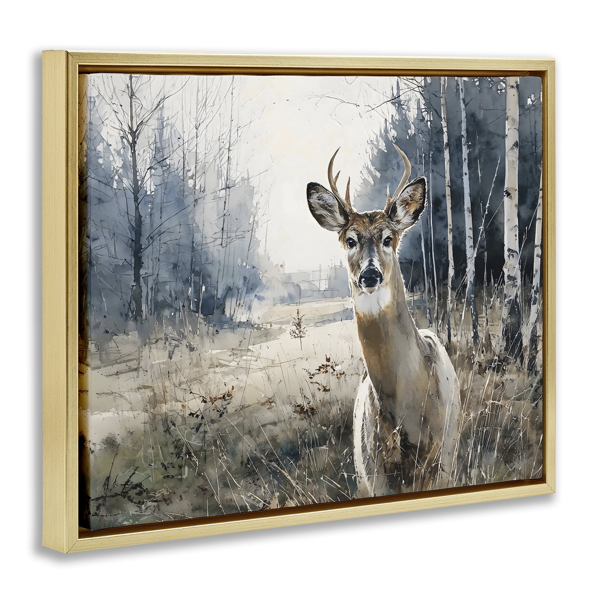 Stupell Industries Deer in Winter Wilderness Gold Framed Floater Canvas Wall Art, design by Franklyn Gregory