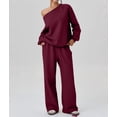 thumbnail image 6 of Women'S 2 Piece Outfits Off the Shoulder Crop Top Wide Leg Sweatpants Matching Lounge Sets Wine Red XL, 6 of 8