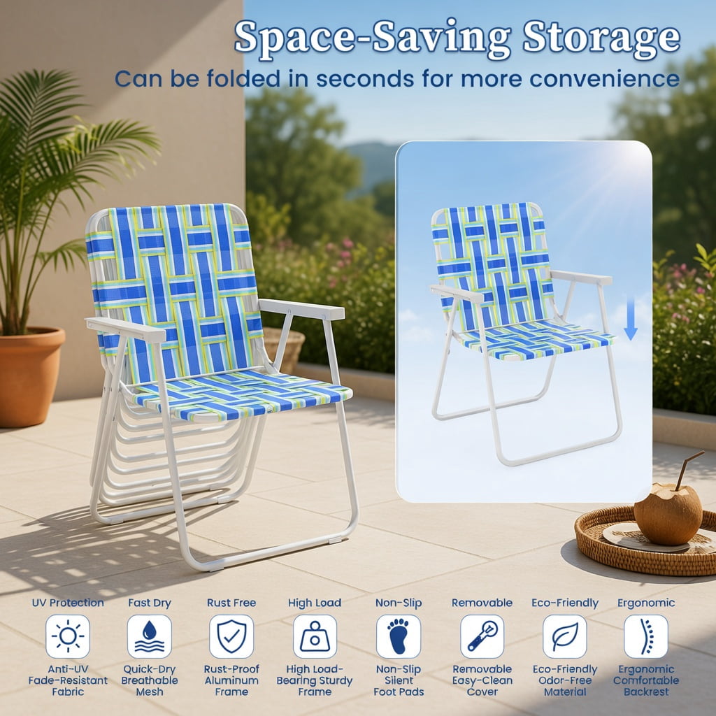 Hommoo 2-Pack Folding Beach Chairs for Camping & Lawn, Heavy-Duty Steel Frame, Fade-Resistant PE Webbing, Portable Lightweight Outdoor Chairs, Blue