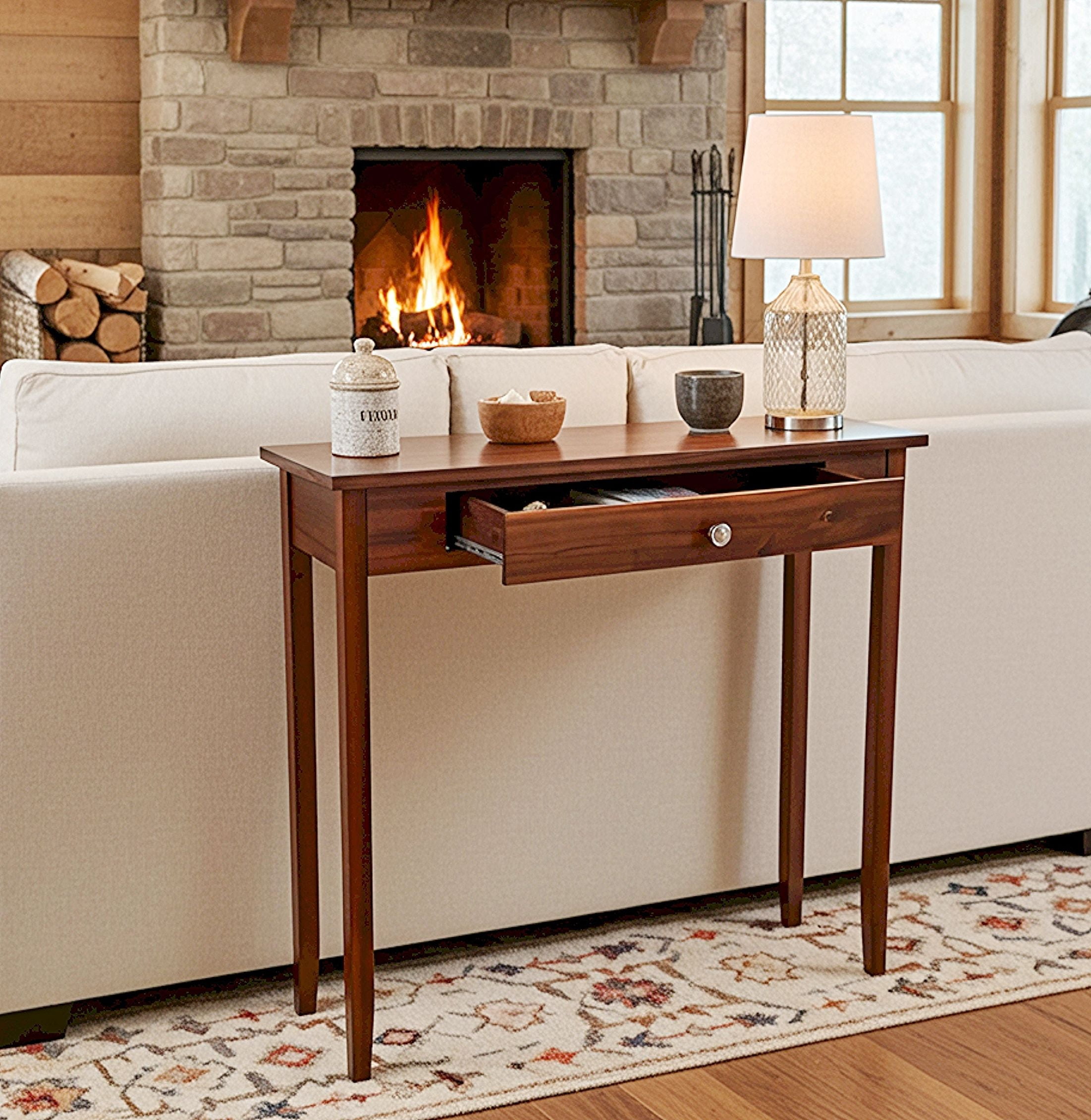Acacia Mid-Century Entryway Table with Drawer in Mahogany Matte