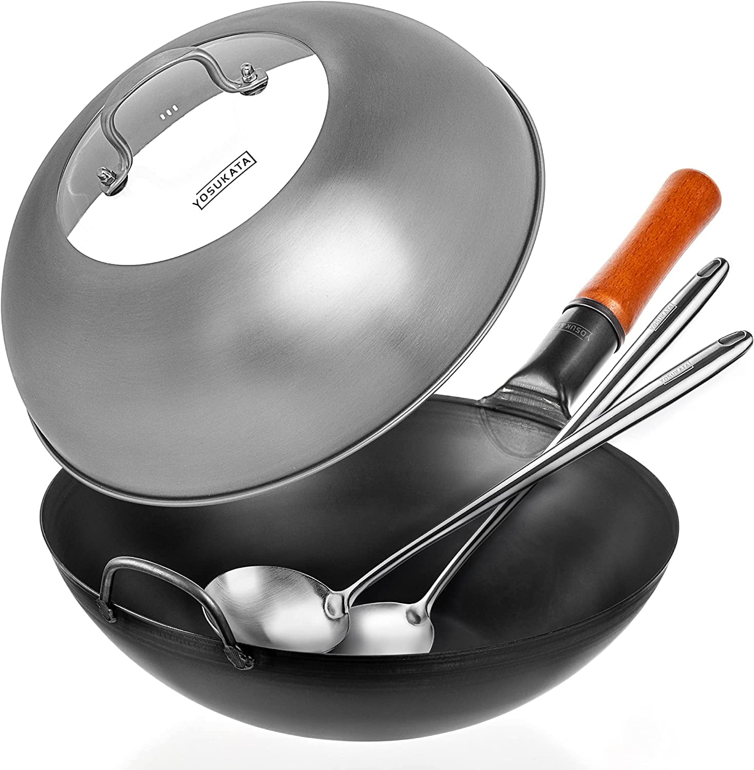 Carbon Steel Wok Pan 13,5 “ With Lid Woks and Stir Fry Pans with