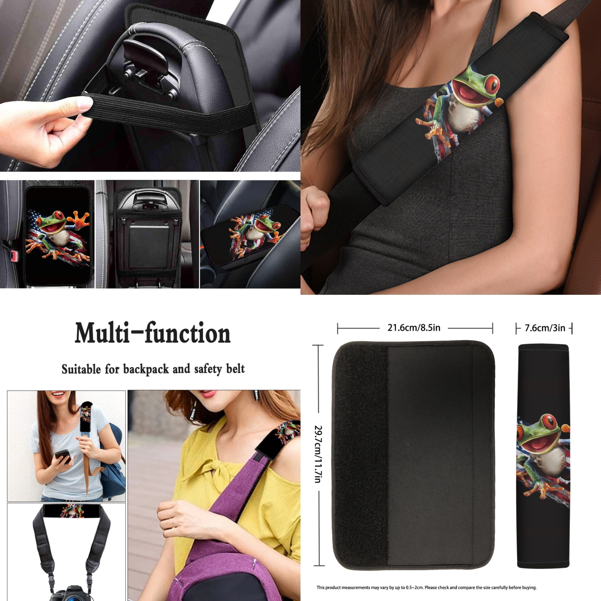Jeiento Frog 13 Pcs Auto Seat Cover Sets Steering Wheel Cover Seatbelt Pad Universal Armrest Cover Pad Cup Holders American Flag Keychain Chapstick Holder for SUV Van Sedan Truck 4Th of July Decor