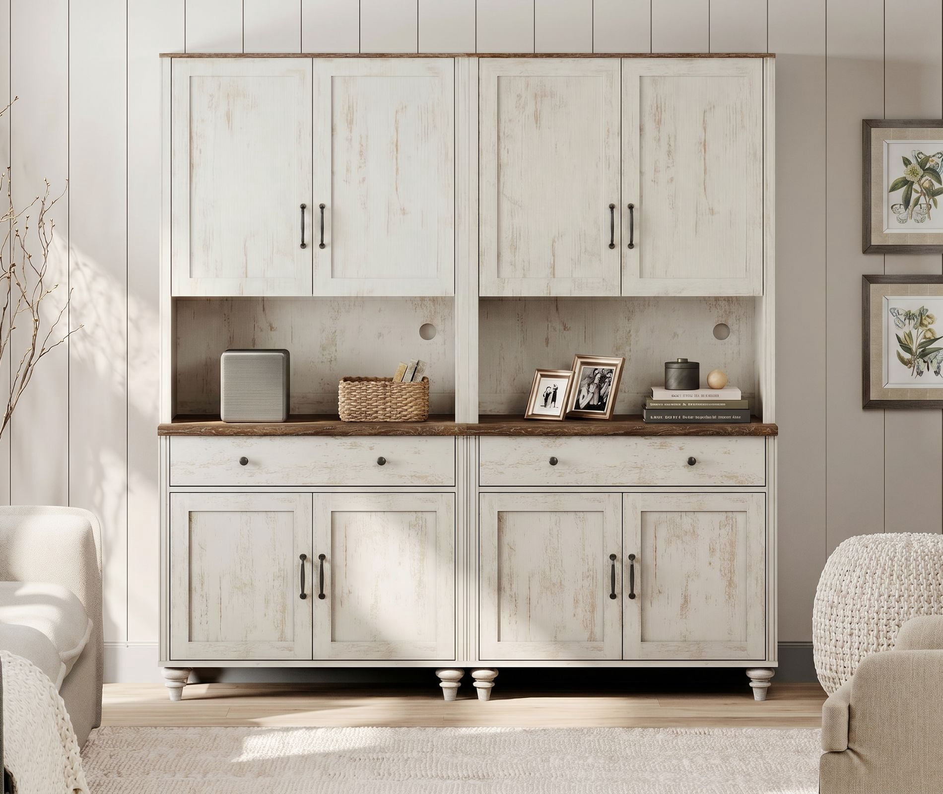 72"H × 68"W Large Farmhouse Wooden Library Bookcase with Ample Storage Cabinet, Freestanding Bookshelf for Living Room, Office & Study Room, Rustic white