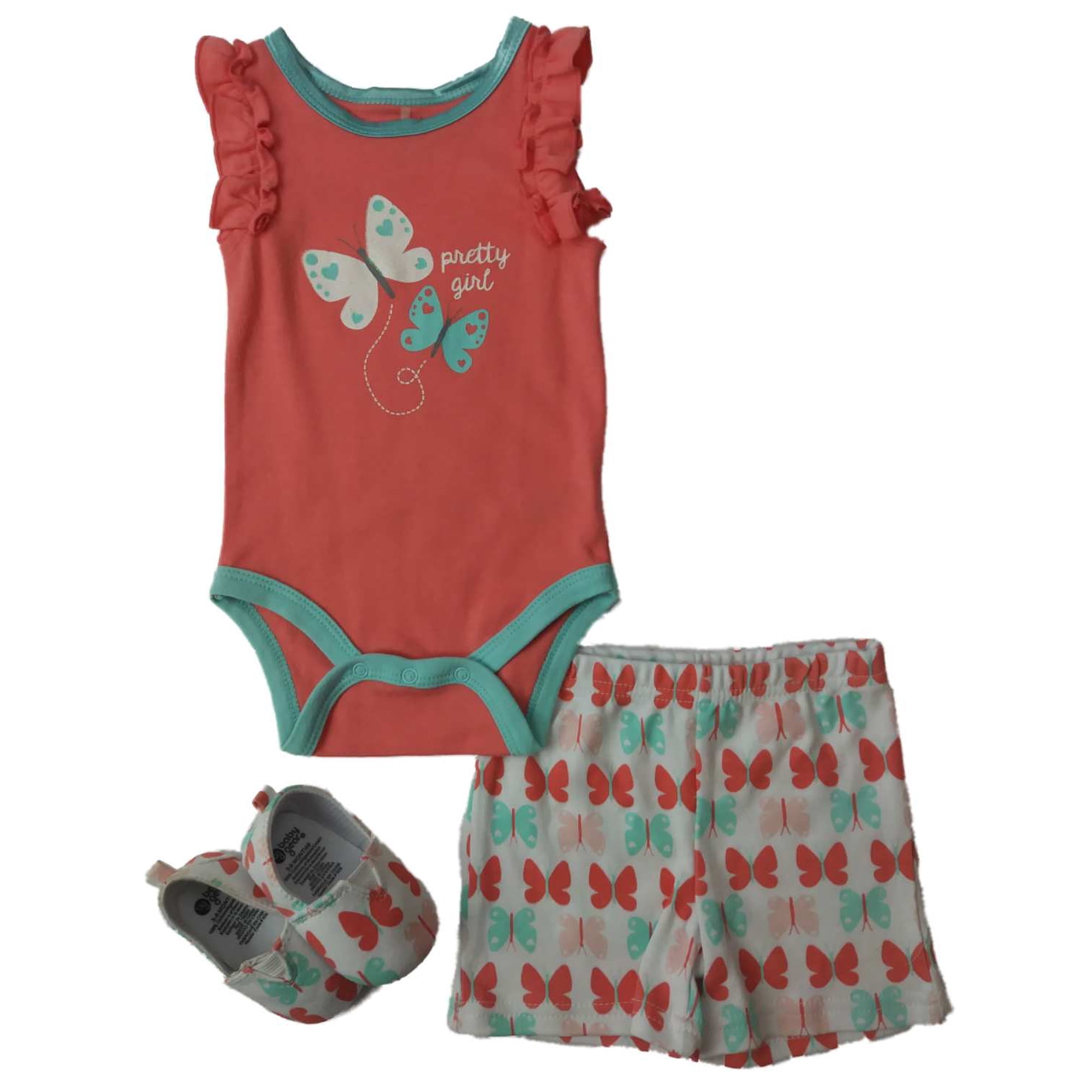 Infant GirlsPeach Blue Butterfly Bodysuit Shorts & Shoes 3-PC Outfit 3-6m