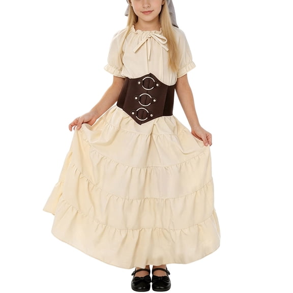 Odeerbi Toddler Girls Vintage Dress Set Renaissance Medieval Short Sleeve Tiered Dress with Corset Belt