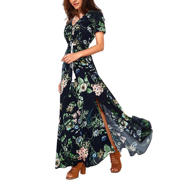SAYOO Vestido bohemio femenino, estampado de flores de verano con cuello en V corto / media manga de una pieza para damas, S / M / L / XL / XXL SAYOO moda