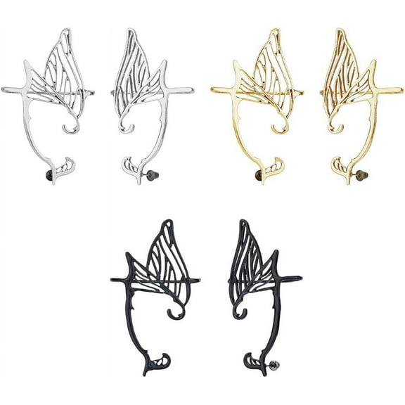 3 Colors Wing Ear Cuffs Earrings 3 Pairs Vintage Elves Ear Cuff Elf Hollow Wrap Stud Earring Metal Retro Simple Pierced Ear Cosplay Ear Wraps Jewelry for Women