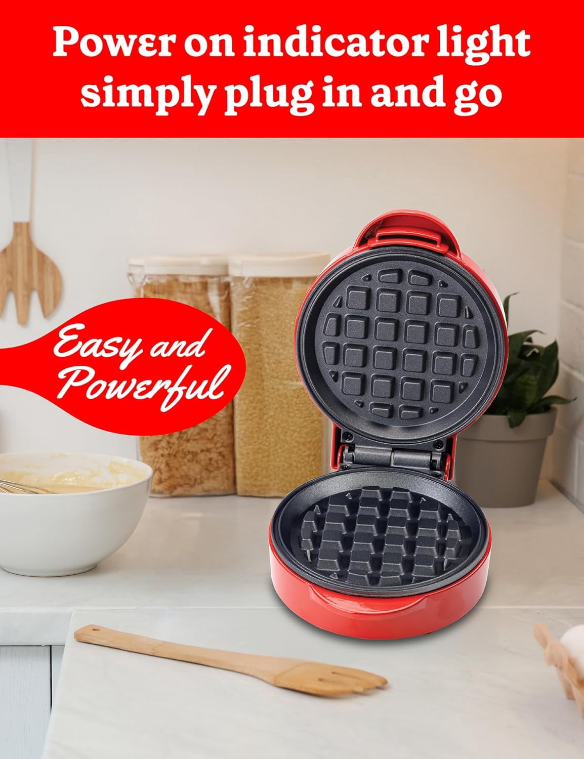 Betty Crocker Mini Waffle Maker, 550W Compact Kitchen Appliance, Quick & Even Heat for Home and Kitchen, Makes 4.5" Waffle, 4.9" Non-Stick Plates, Recipes Included, BC-4888R, Red