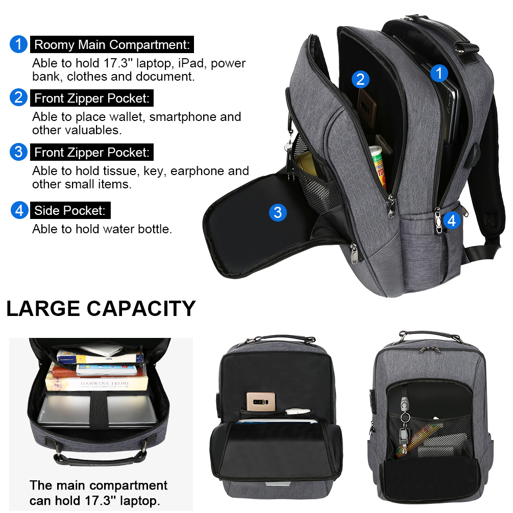 Travel Laptop Backpack Water Resistant Anti-Theft School Bag with Usb Charging Port and Lock, 17 inch Computer Business Backpacks for Women Men - image 3 of 9