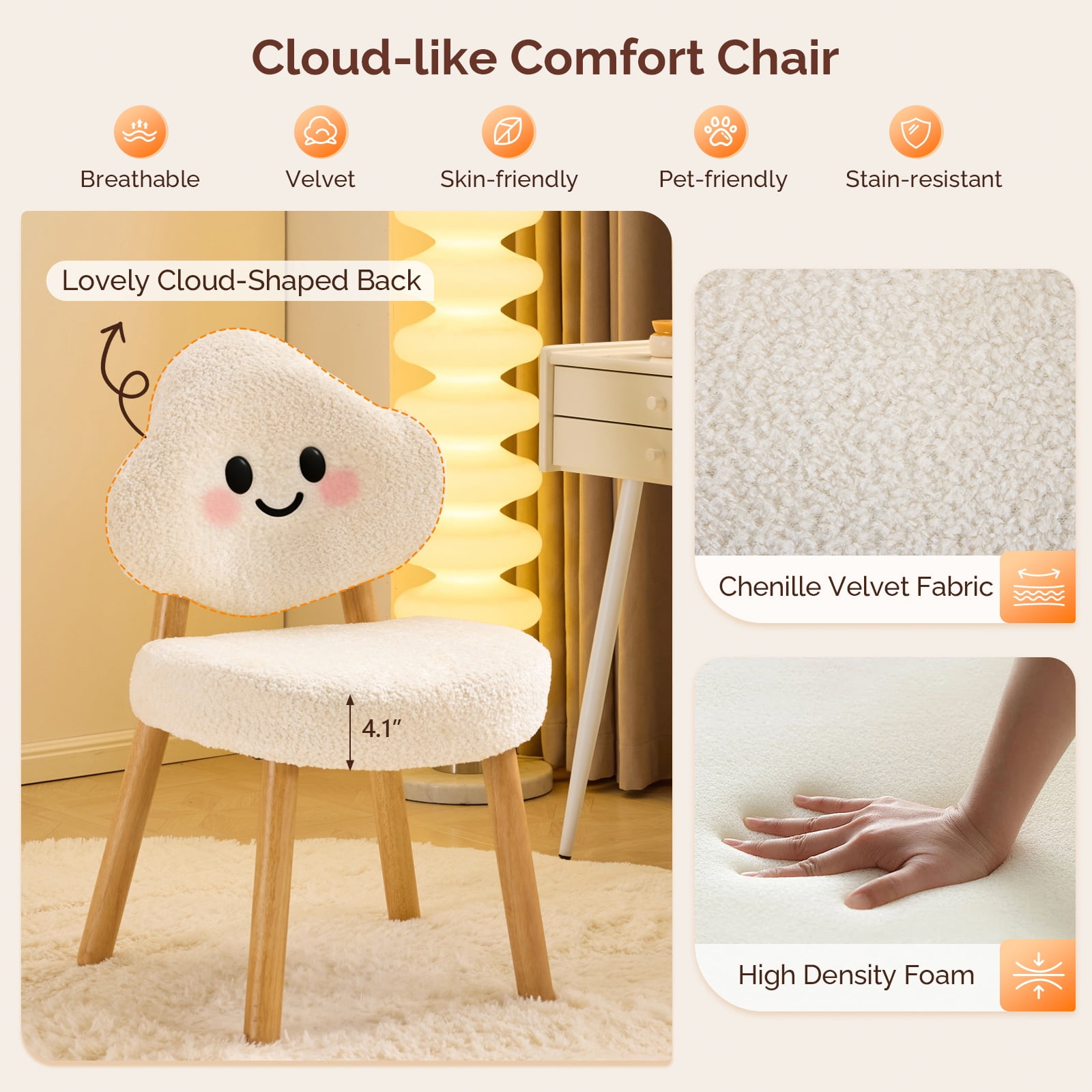 Ktaxon Blended Chenille Armless Vanity Chair Cloud Backrest Desk Chair, Rubber Wood Makeup Chair for Bedroom Living Room Office Reading Room Beige