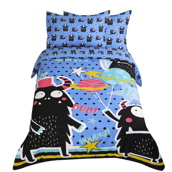 Unique Bargains 3 Piece Kids Bedding Set Brushed Polyester Black Monster Pattern Twin