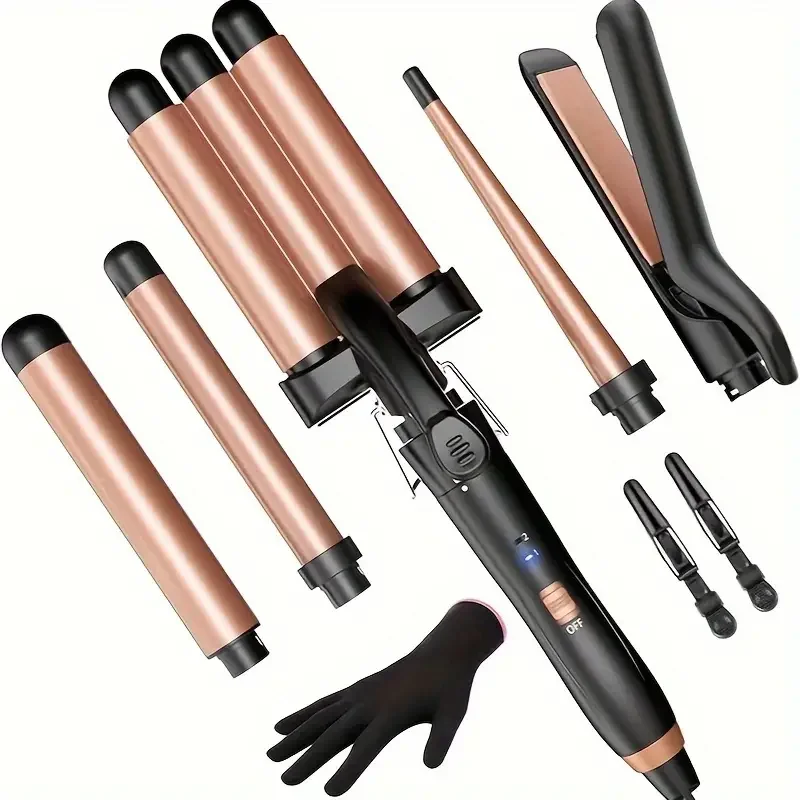 5 in 1 Wand Curling Iron Curling Wand Set with Hair Straightener 3 Barrels Hair Crimper Iron 3 Ceramic Curling Irons 0.35 1.25 2 Temps Fast