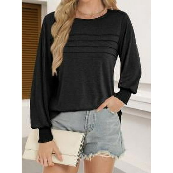 U-Neck Pleated Long-Sleeved Shirt