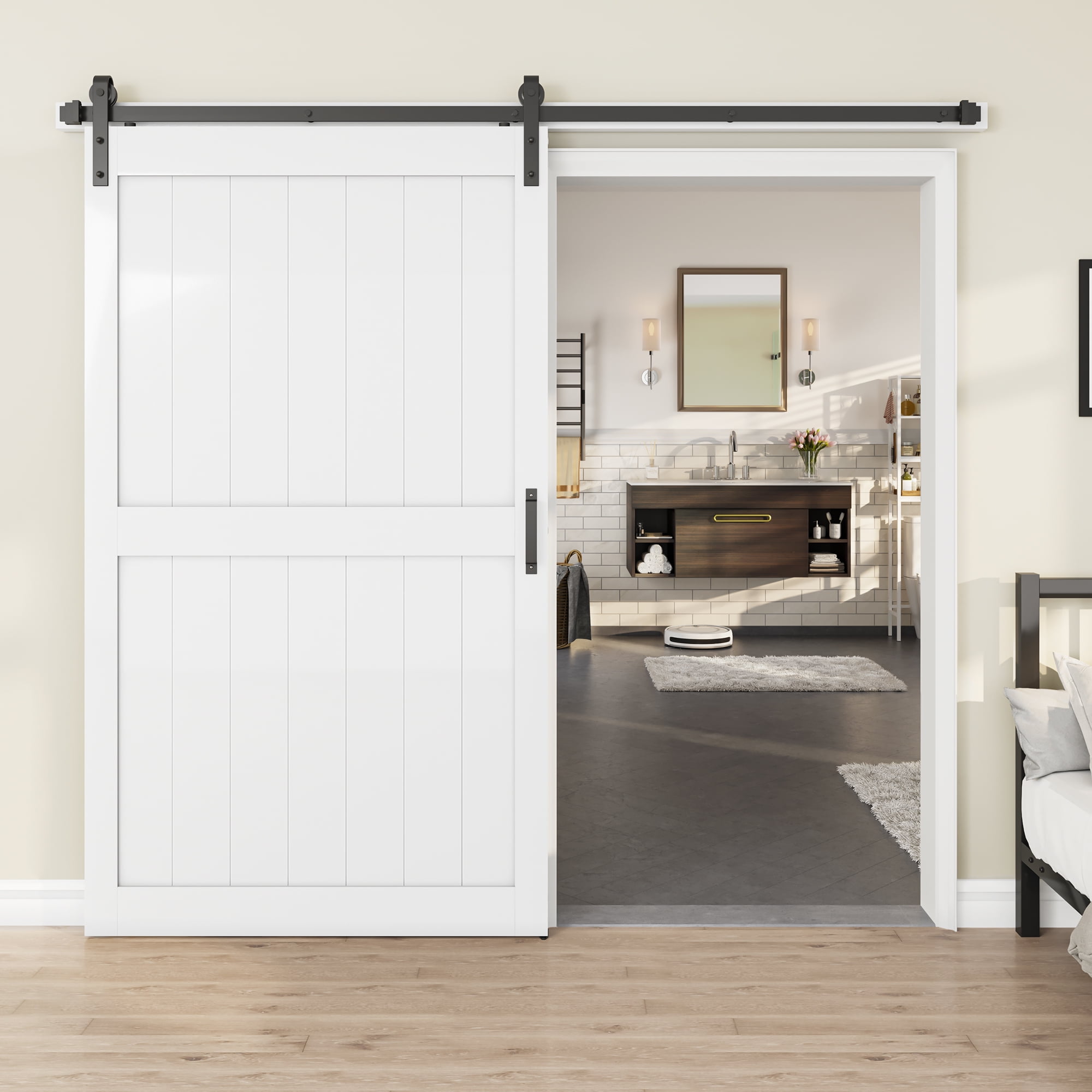 Dextrus 48 in x 84 in Solid Wood Barn Doors Painted with Installation Hardware Kit Barn Door,H-Style Solid Core Single Barn Door, White