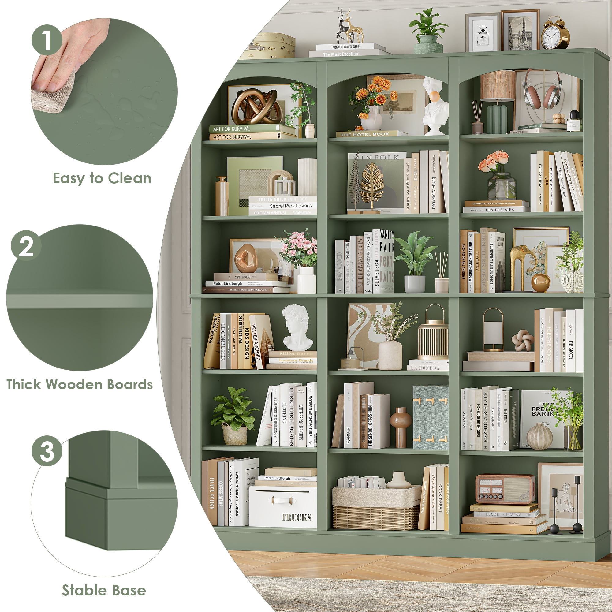 Homfa 18-Cube Bookcase and Bookshelves, 71.2" Triple Width 6-Tier Freestanding Arch Library Cabinet for Home Office Living Room, Green
