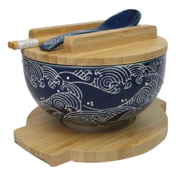Blue Nami Waves Surf Donburi Ramen Bowl With Lid Trivet Spoon Chopsticks Set
