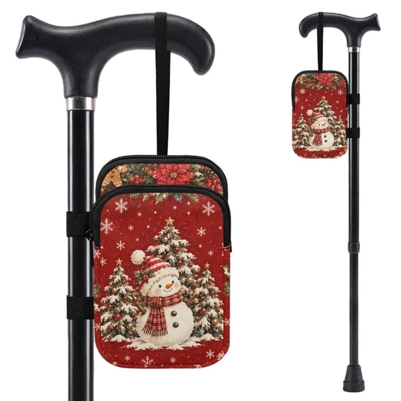 COEQINE Forearm Crutch Bag Walking Cane Accesories Snowman Christmas Tree Elbow Crutch Storage Organizer, 2 Zippered Pockets, Lightweight, Hands-Free, for Adults & Seniors