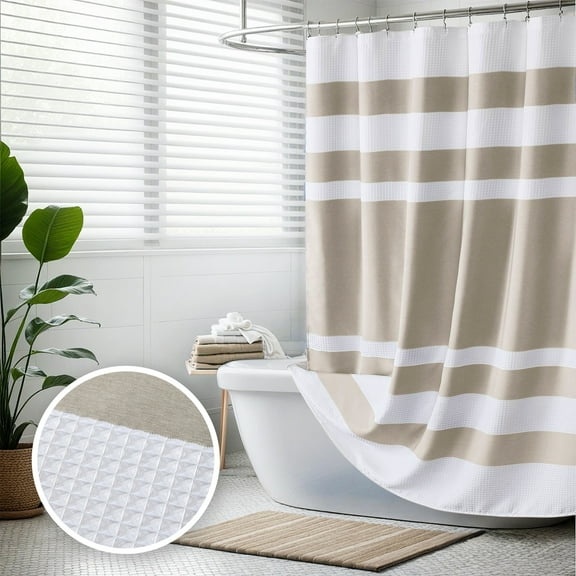 Madison Park Taupe Waffle Shower Curtain, Stripe Spa Shower Curtain for Bathroom Decor, Waterproof Shower Curtain for Bathroom, 72x72"