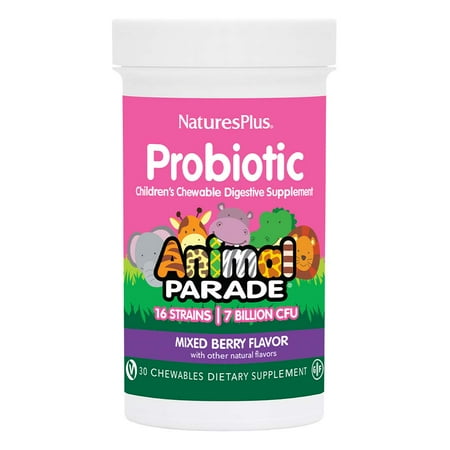 Nature's Plus Animal Parade Probiotics 16 Strains-7 Billion CFU-Mixed Berry Flavor 30 Chewable