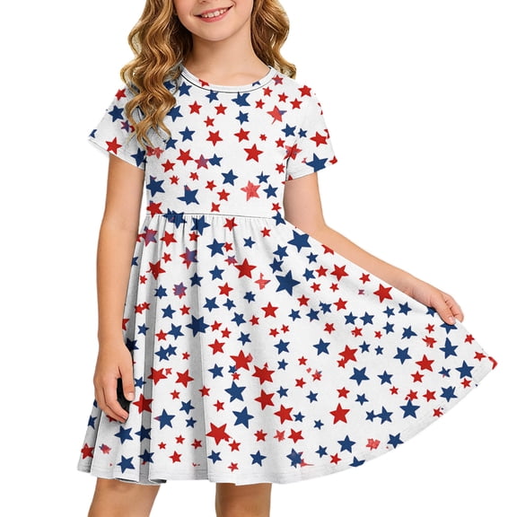 Makaor Girls a Line Dress 4th of July Ruched Independence Day Patchwork Short Sleeve Dresses Empire Waist Red White Blue Dresses