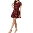 thumbnail image 4 of MODA NOVA Junior's Peter Pan Collar Puff Sleeves Above Knee Plaid Grid Dress, 4 of 6