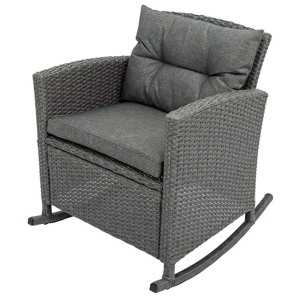 Veryke 3 Piece Patio Rattan Rocking Chair Set with Cushions and Glass-Top Coffee Table, Gray - image 5 of 9