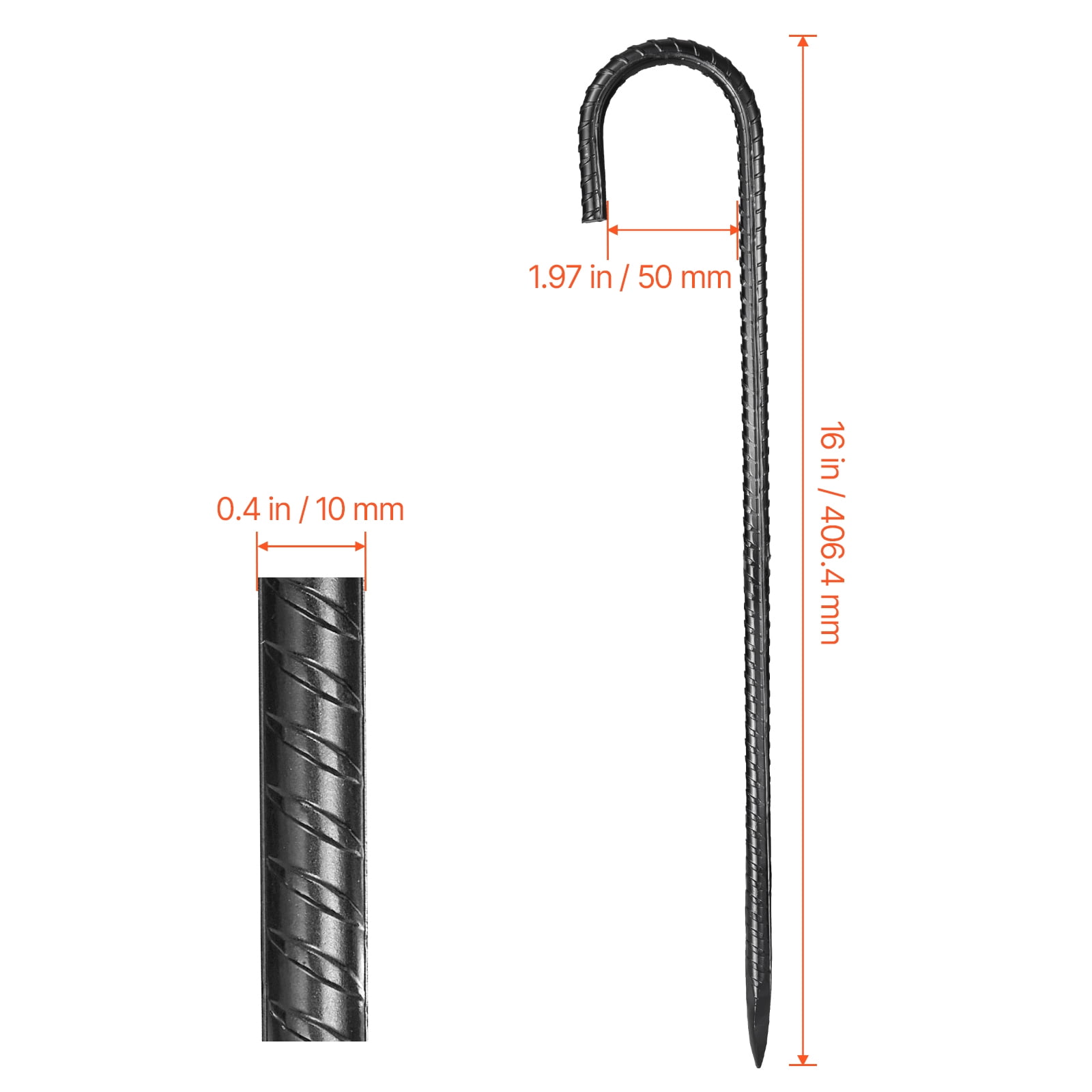 VEVOR Rebar Stakes, 16-Inch, Heavy-Duty 0.4 in Diameter J Hook, Galvanized Steel Ground Anchors with Chisel Point End & Rust-Resistant Coating, for Gardening Support, Fence, Camping Tents (16-Pack)