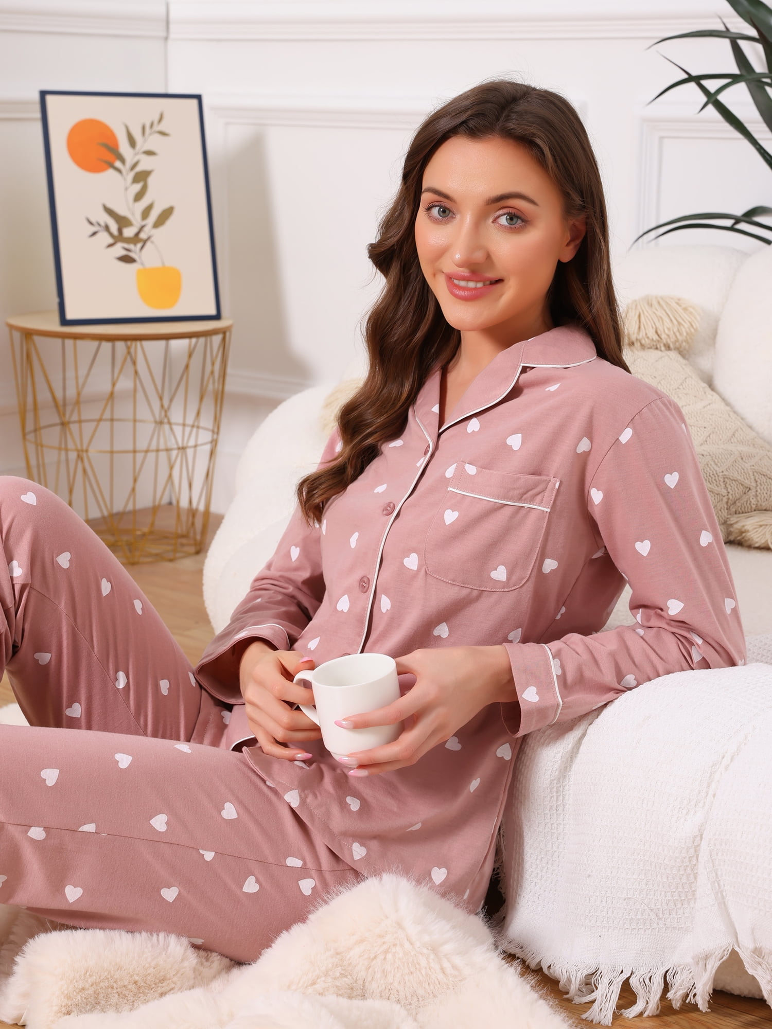 DARING DIVA Lounge Set Cotton Button Up Cute Print Pajama Set XL Heart