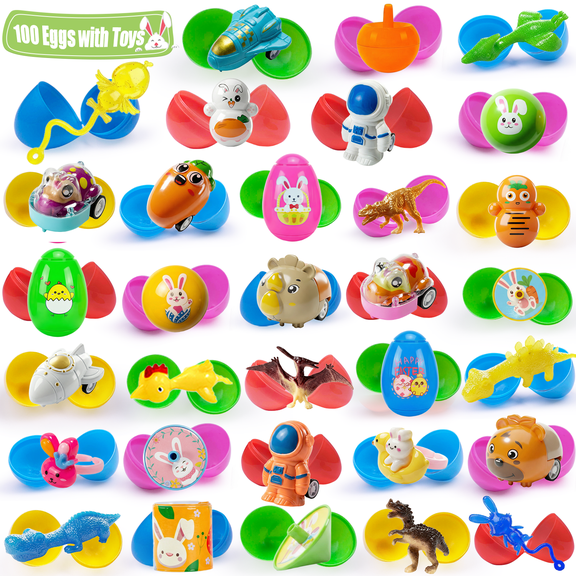 100 PCS Prefilled Easter Eggs Filled with Toys Inside for Kids Boys Girls Easter Hunt Basket Stuffers Essentials Fillers Party Favors Classroom Prize Supplies