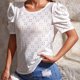 thumbnail image 2 of Mujer Cuello Redondo Top Mangas Cortas Puff Hueco Jacquard Color Puro Ajuste Suelto Camiseta De Verano Blanco S, 2 of 8