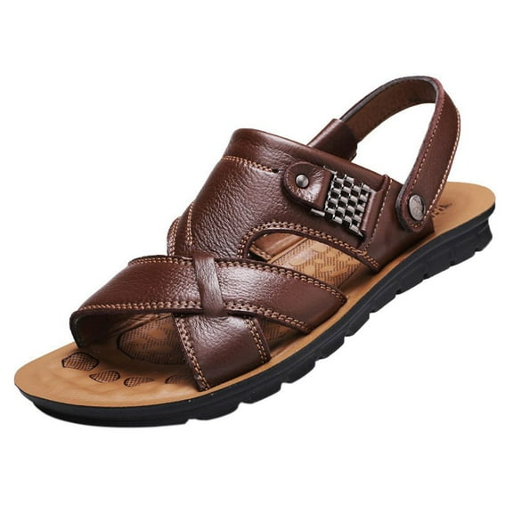 Forty-six Yards Men's Sandals, Plus-size Leather Beach Shoes Comfort Massage Footbed Casual Summer Outdoor Beach Sandals(Brown)