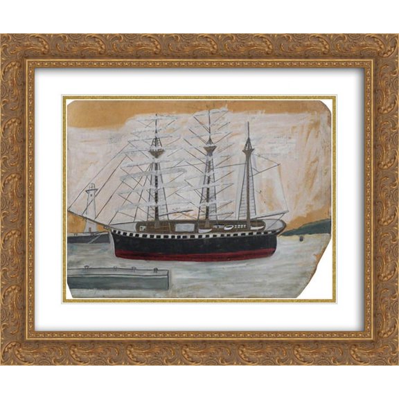 Alfred Wallis 2x Matted 24x20 Gold Ornate Framed Art Print 'Three-Masted Ship near Lighthouse '