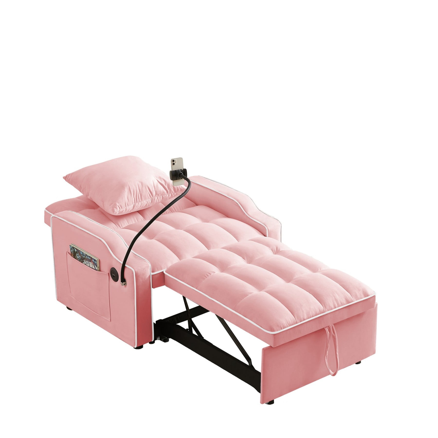 3-in-1 Sleeper Sofa Chair Bed with USB & Type-C, Adjustable Velvet Recliner Couch for Small Spaces, Pink