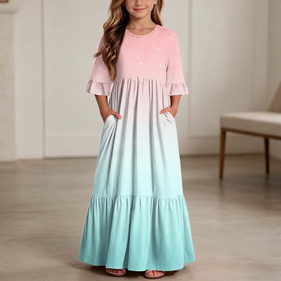 ITSAME Girls A-Line Dress Gradient Print Crew Neck Flowy Ruffle 3/4 Sleeve Summer Casual A-Line Dress Pink Size 6