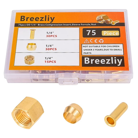 Breezliy 1/4 Inch Od Brass Compression Insert,Sleeve Ferrule,Nut 75Pcs