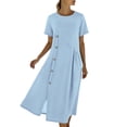 thumbnail image 2 of TAGOLD Womens Short Sleeve V Neck Dress Solid Color Linen Pocket Button Slit Long Dress, 2 of 3