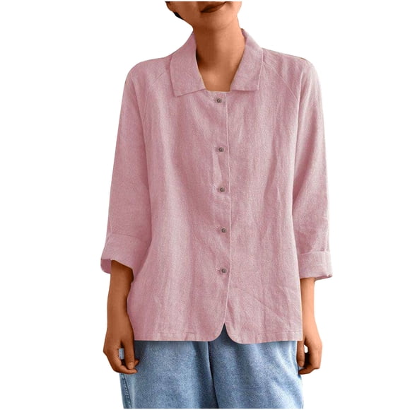 hotojiny Button down Shirt for Women Cotton Linen Loose Collar Spring Tops Casual Rolled Sleeve Outfit Beach Vacation Clothes for Women