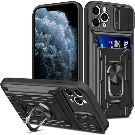 iPhone 11 Pro Max Wallet Case with Slider Camera Cover Kickstand Ring Stand Card Holder Rugged Shockproof Armor Heavy Duty Protective Military Grade Cover for iPhone 11 Pro Max 6.5" Black